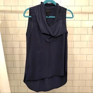 BCBGMAXAZRIA Navy silk tunic w/ asymmetrical neck